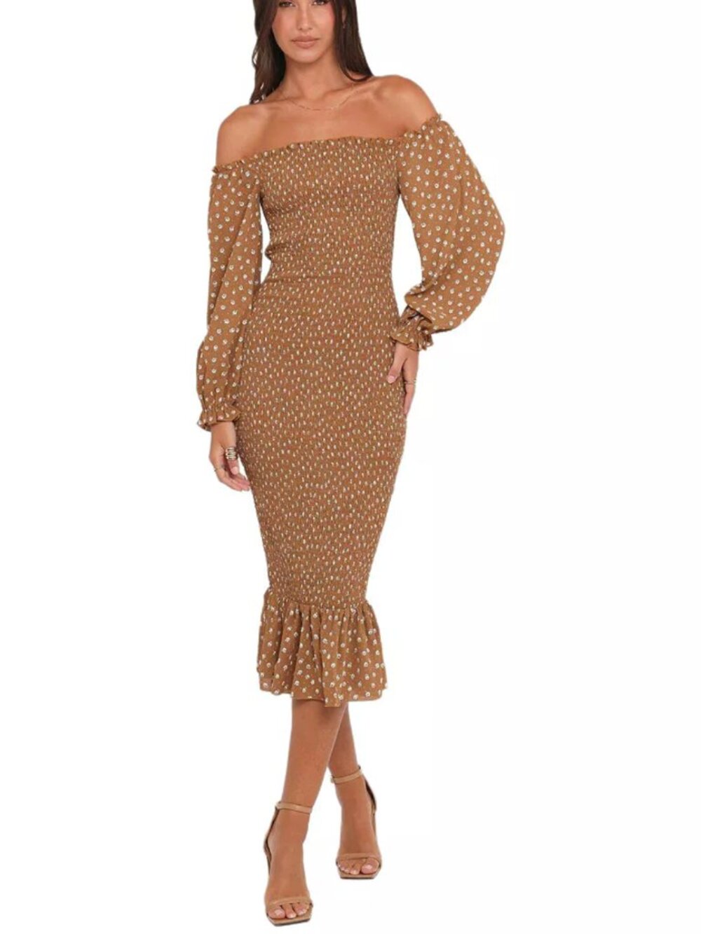 NWT Sara Smocked Off The Shoulder Long Sleeve Body-con Midi Dress S